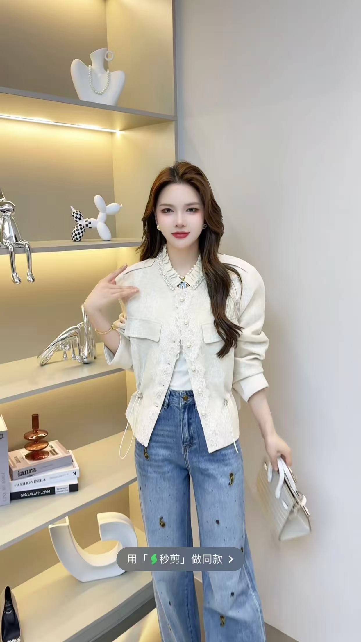 欧洲站2025秋新款欧货法式名媛花边领拼蕾丝抽绳收腰洋气小香风