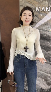 口花边纽扣装 半高领袖 饰显瘦内搭上衣7891 时尚 欧洲站2025冬新款