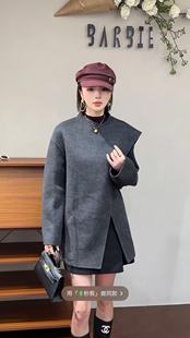 BAR BIE/2025秋冬款韩系圆领披肩不规则开叉高级感羊毛大衣26039