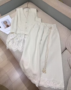 165 欧洲站2026新款 欧货气质花边V领蕾丝拼接洋气百搭马甲套装