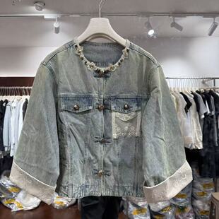 欧洲站2026新款 串珠领口国风盘扣拼蕾丝国风牛仔外套4072 欧货时尚