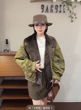 欧洲站2025冬新款时尚翻领重工刺绣拼皮毛一体大翻领羽绒服85105