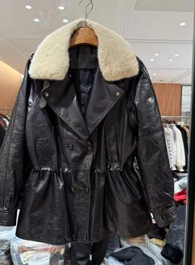 欧洲站2025冬新复古水貂毛领双排扣收腰显瘦绵羊皮中长皮衣10232