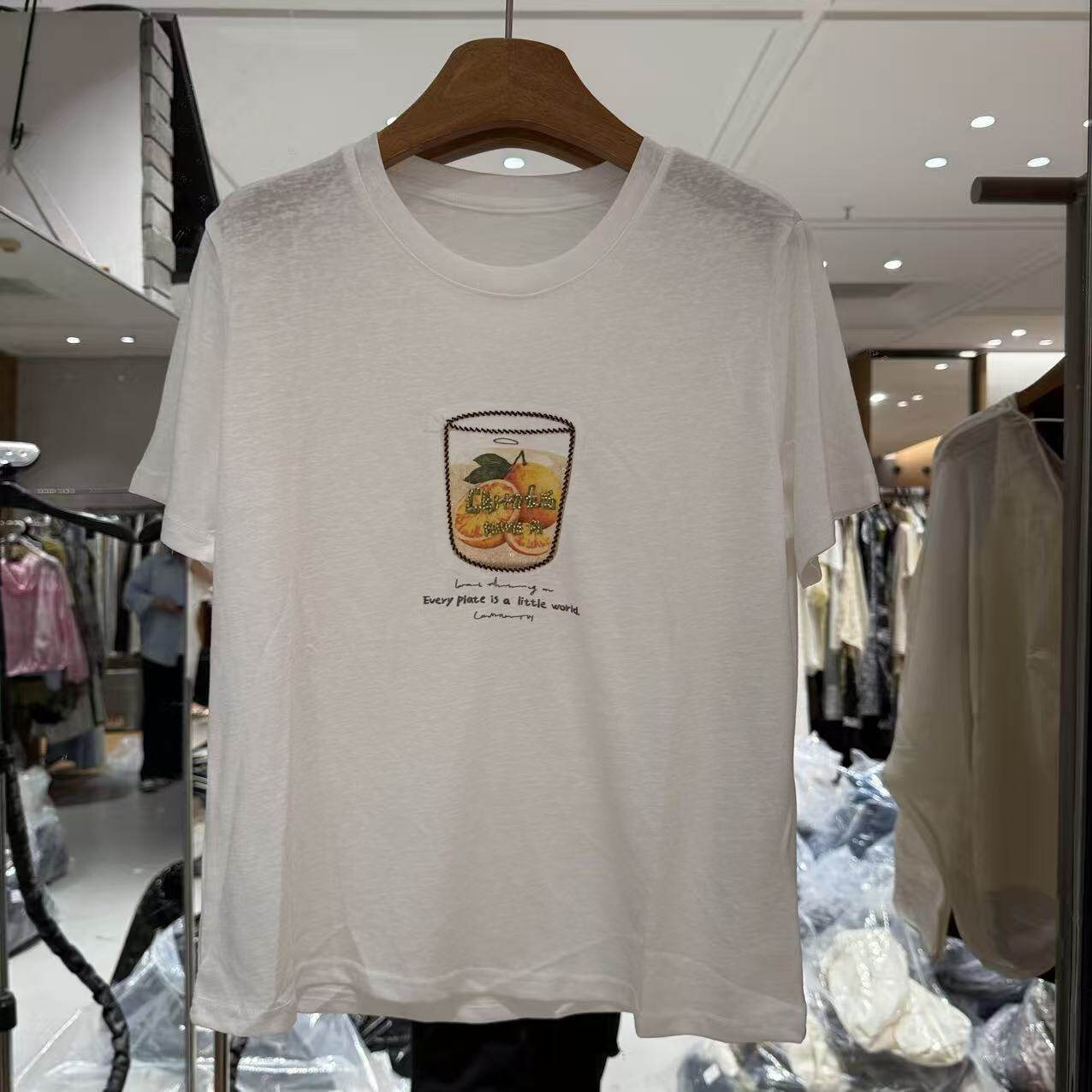 欧洲站2026夏新欧货时尚钉珠水杯图案圆领面膜舒适T恤女上衣