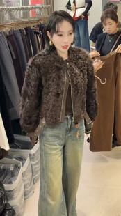曼曼家2025秋冬款时尚圆领拉链款皮毛一体年轻款时髦皮草外套