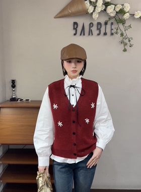 欧洲站2025冬新款时尚V领针织小花无袖马甲+法式长袖衬衫18038