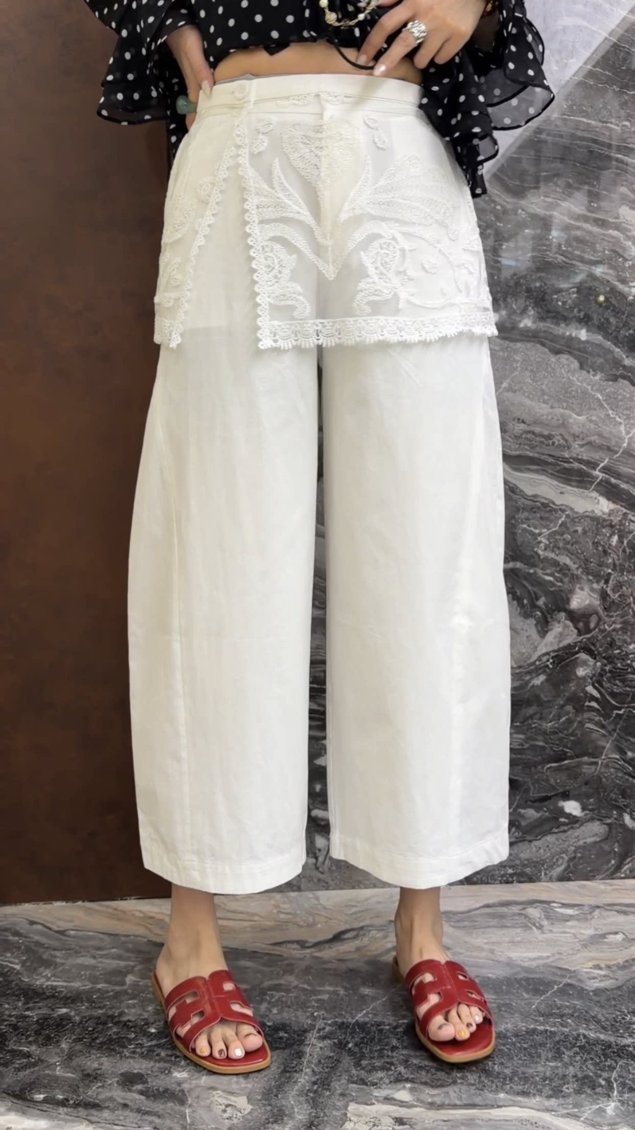 曼曼家2026夏新款欧货高腰蕾丝拼接屁帘洋气时尚九分休闲阔腿裤