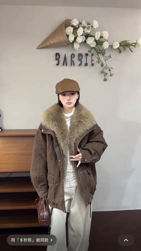 欧洲站2025冬新时尚翻领狐狸毛领麂皮绒内里羽绒羽绒服外套女5788