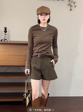 欧洲站2025冬新款时尚圆领拼接蕾丝袖口修身显瘦百搭打底衫11619