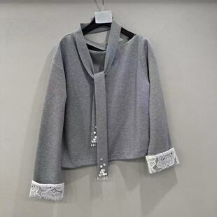 欧洲站2026春季新款时尚系脖飘带蕾丝卫衣+屁帘长裤时尚套装65725