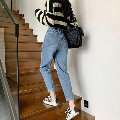 老爹牛仔裤女裤子2025年新款春秋季高腰直筒宽松小个子萝卜哈伦