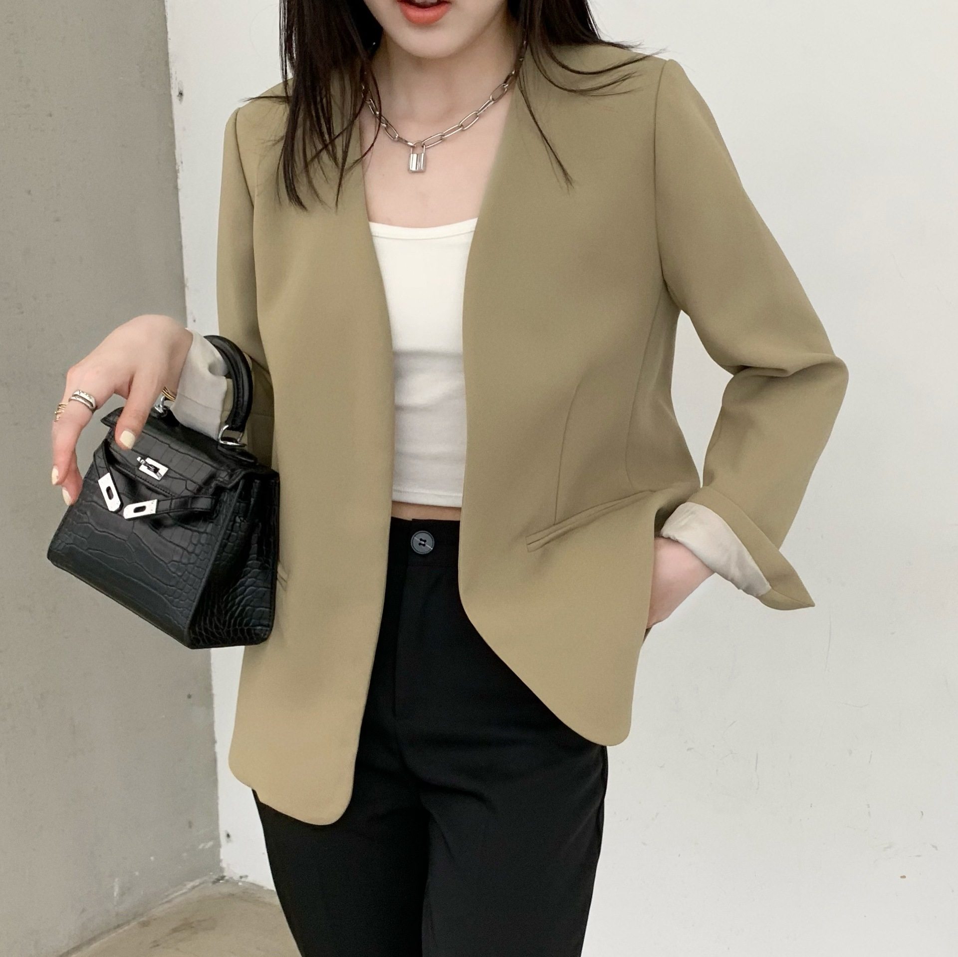 春新款简约无领小西装外套开叉袖无扣简单西装上衣