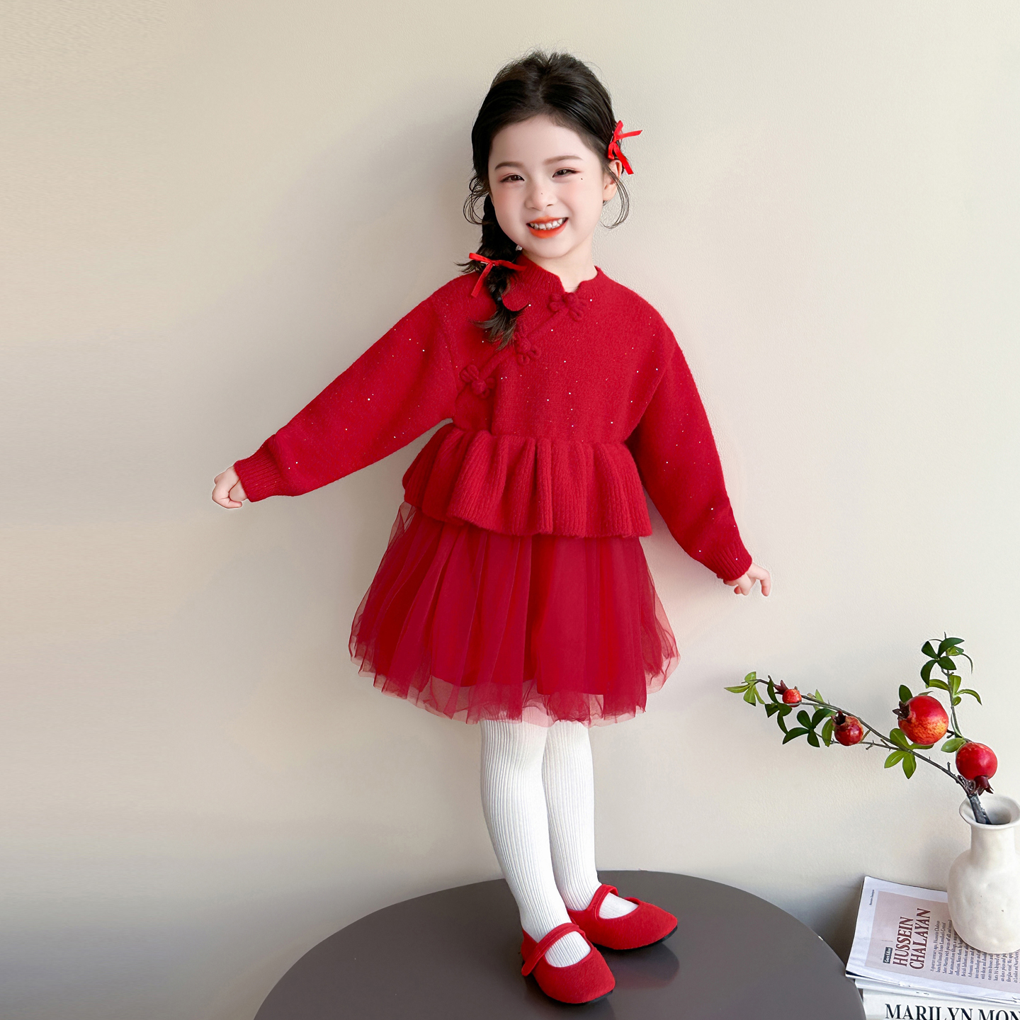 拜年服女童国风红色毛衣连衣裙冬