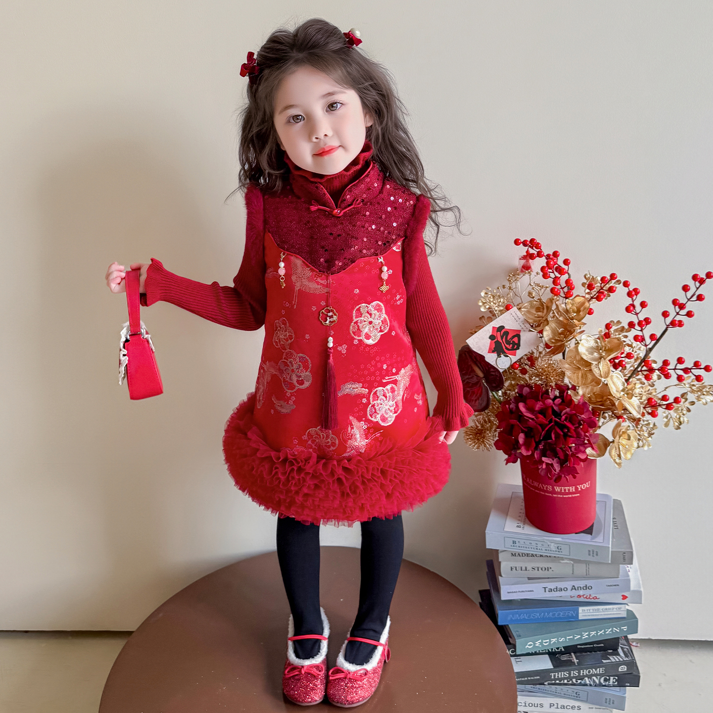 拜年服女童汉服连衣裙红色新年装