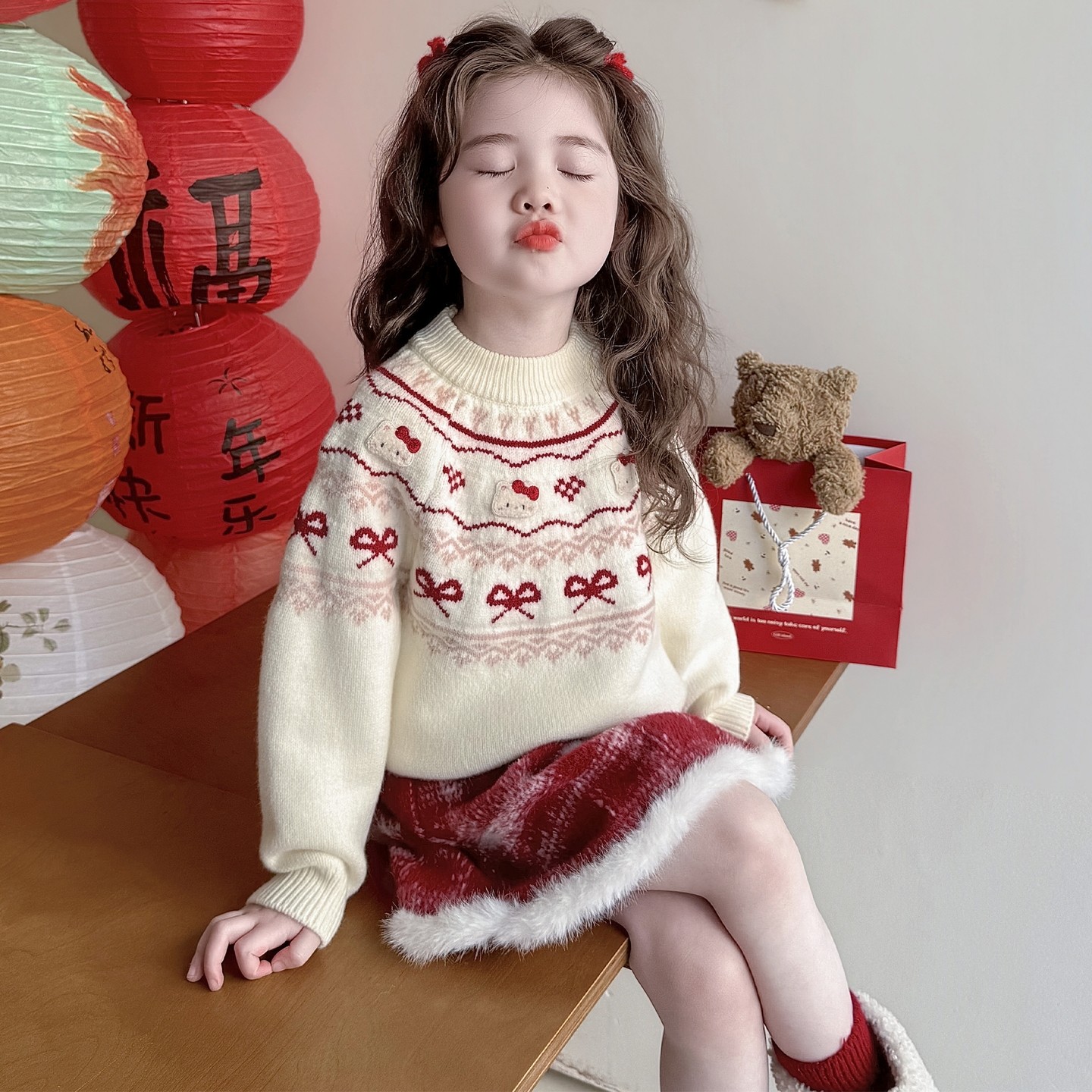 女童费尔岛红色毛衣冬季2025新款儿童加厚打底衫宝宝冬装内搭上衣