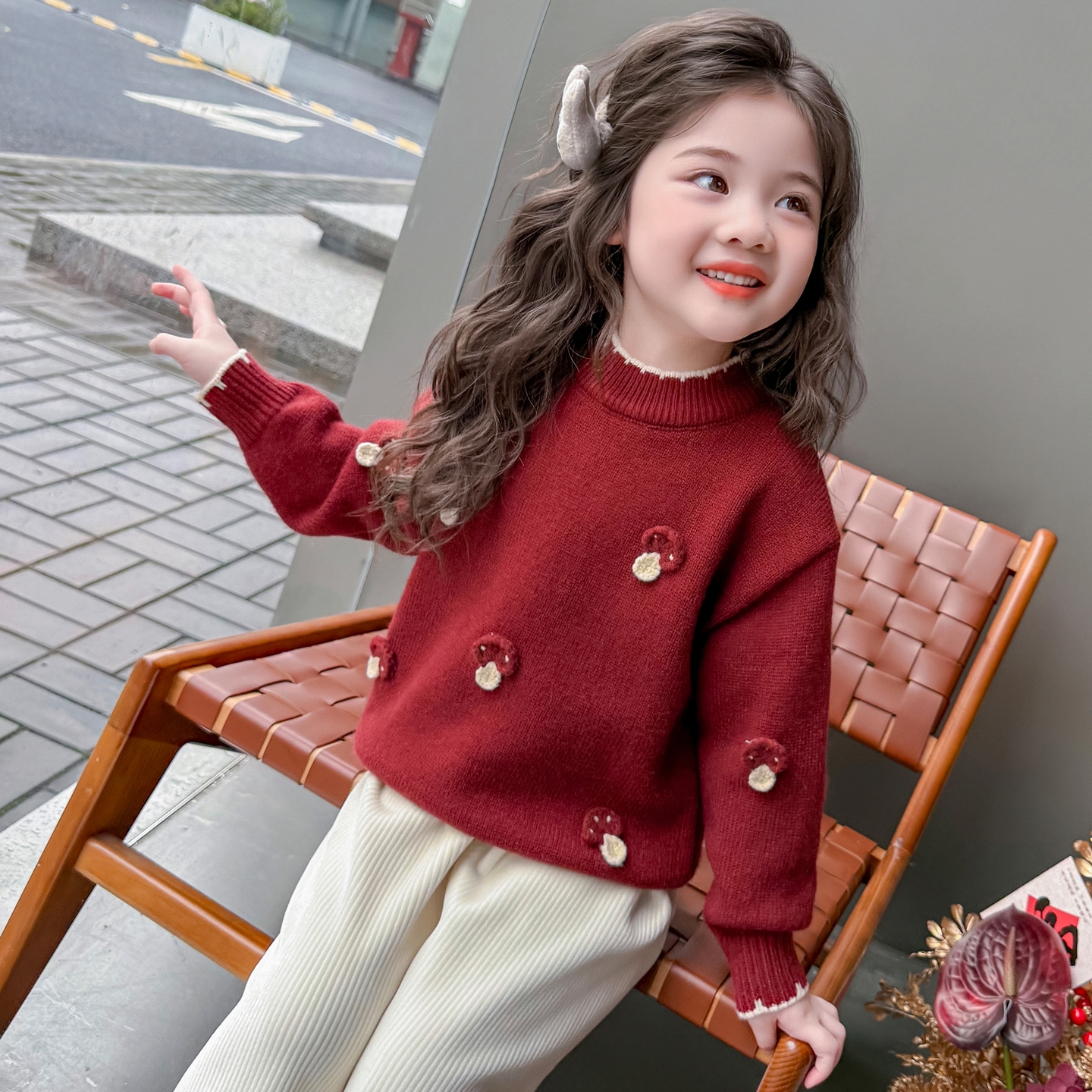 女童红色毛衣秋冬装加厚儿童针织衫毛衣线宝宝冬季内搭保暖打底衫