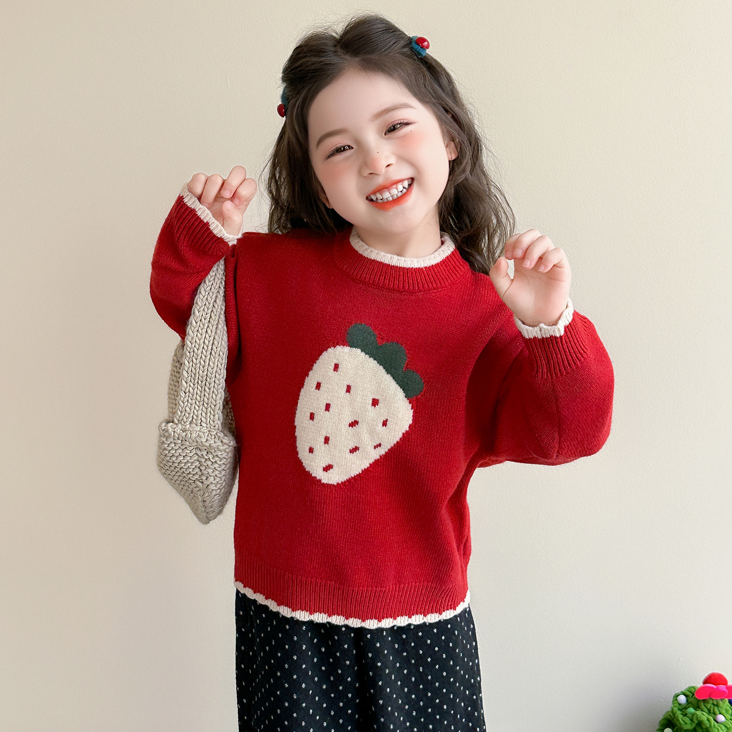 女童毛衣秋冬季2025新款儿童红色针织衫宝宝冬装加厚内搭打底上衣