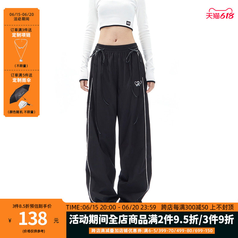 APEA美式复古速干运动裤女2023春季蝴蝶结抽绳直筒阔腿休闲长裤潮