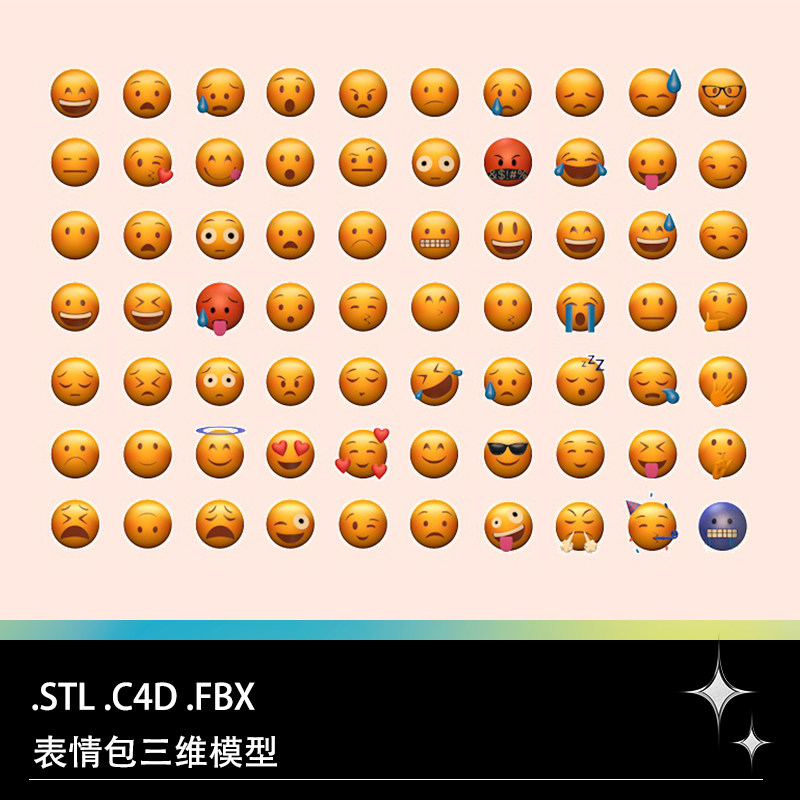 c4d fbx stl开心愤怒生气大笑无奈哭泣得意思考表情包模型素材