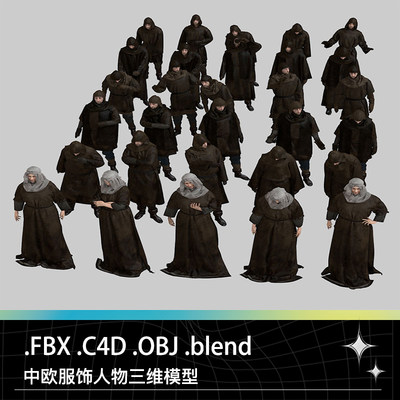 C4D FBX BLEND OBJ中世纪欧洲国外农民贫民穿戴帽子外国人模型