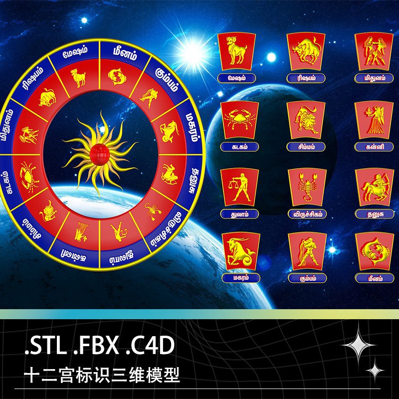 stl fbx c4d希腊神话黄道十二宫标志星座图卡片卡牌三维模型素材