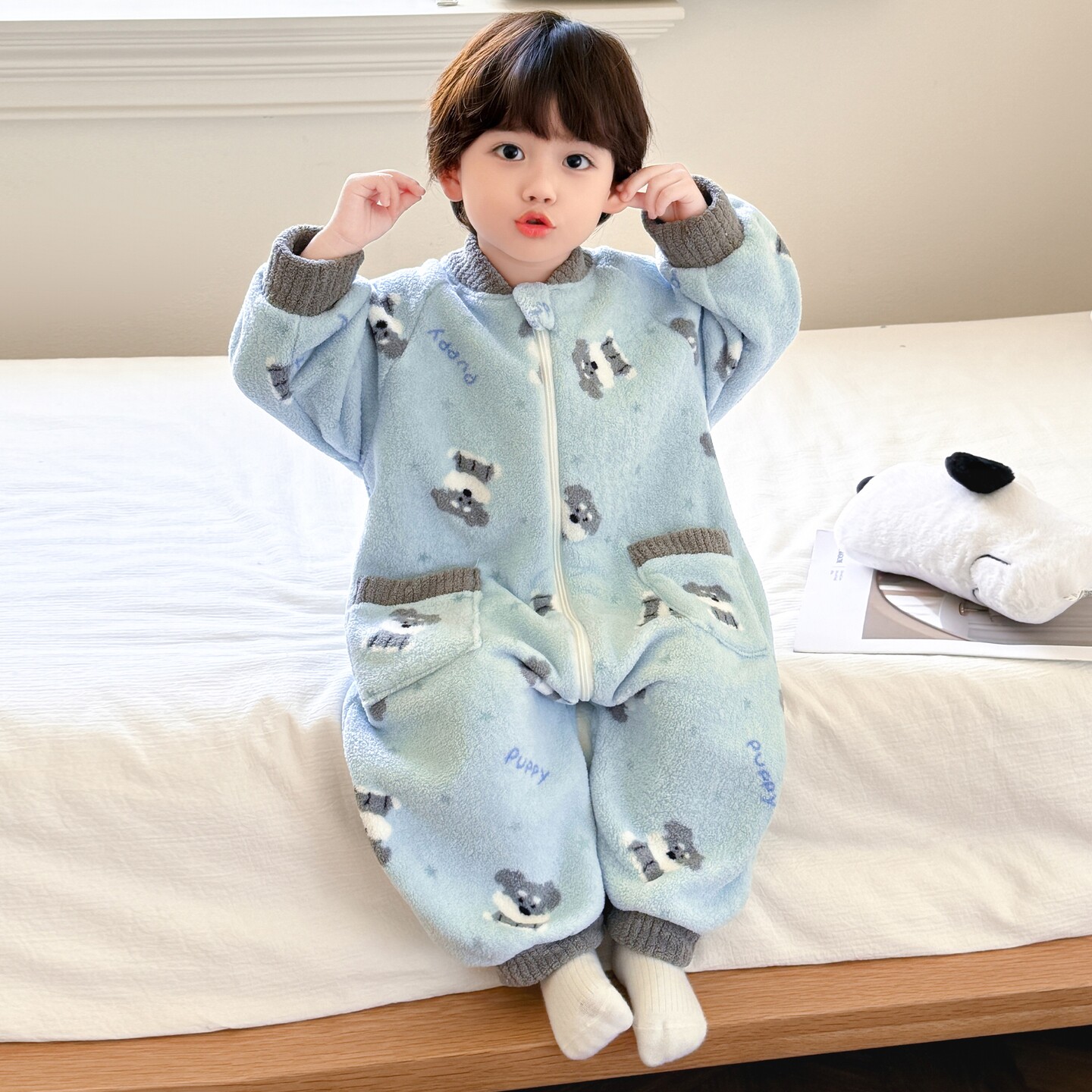 男童加厚睡衣保暖杨梅绒睡袋儿童防踢家居服冬季男宝宝爬爬服秋冬