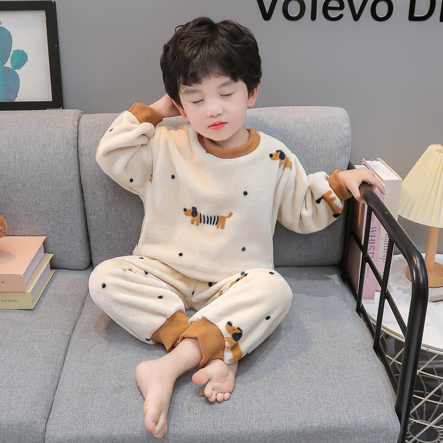 男童法兰绒睡衣冬季小男孩保暖卡通套头家居服儿童套装宝宝睡衣冬