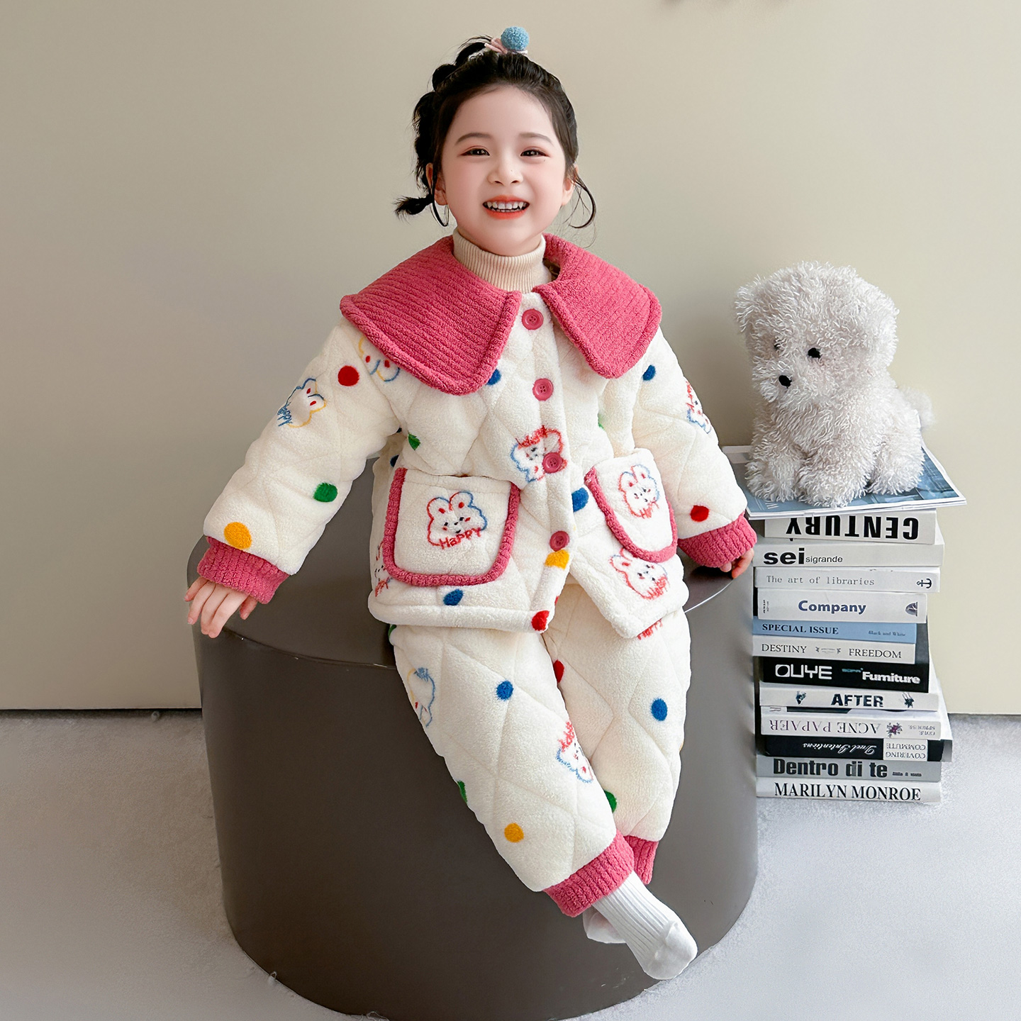 女童睡衣冬季女孩娃娃领三层夹棉家居服公主套装儿童宝宝超厚衣服