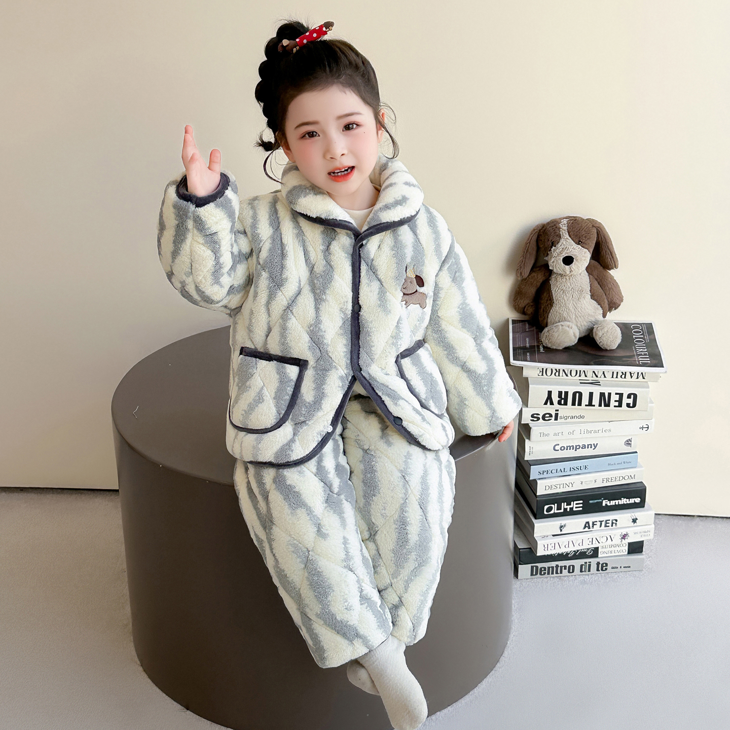 女童三层夹棉睡衣冬季女孩加厚加绒开衫家居服套装宝宝保暖衣服冬