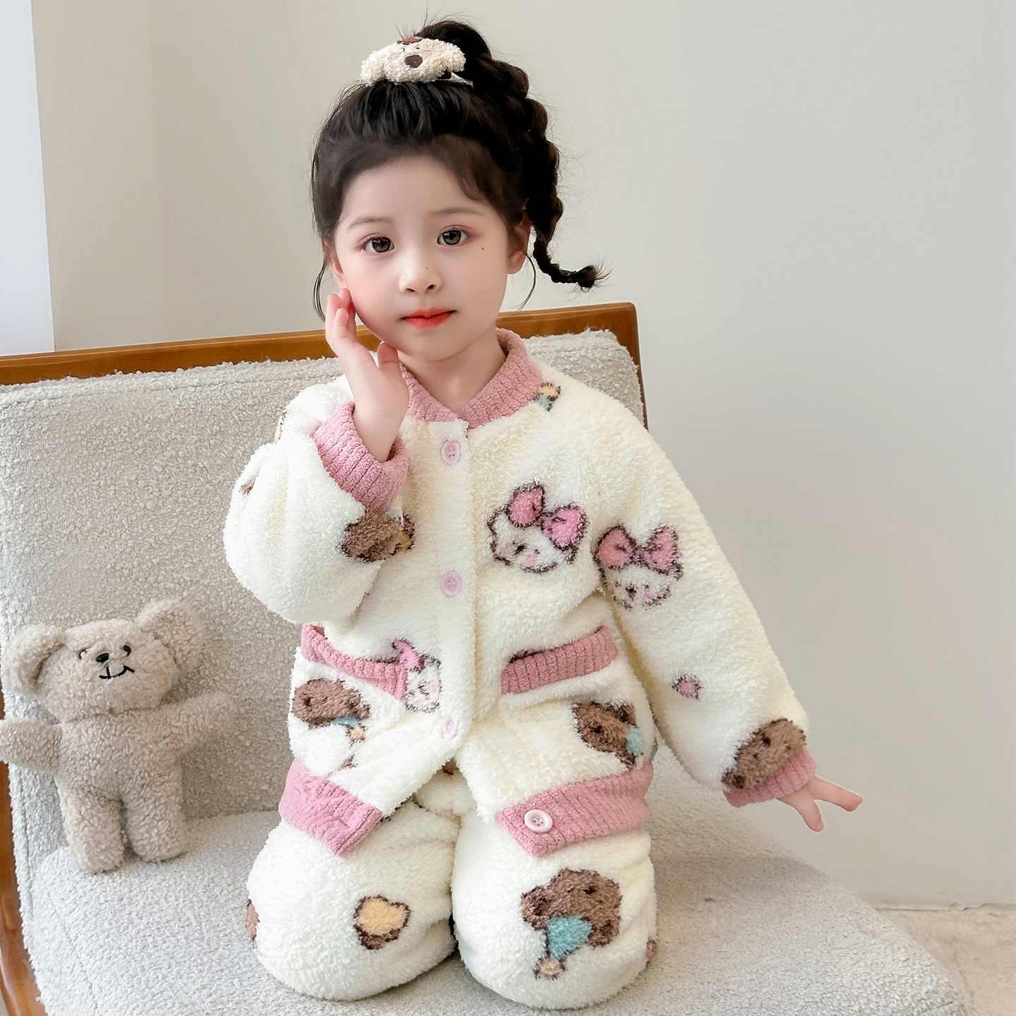 女童睡衣冬加厚法兰绒儿童女孩开衫家居服女宝宝卡通套装秋冬睡衣