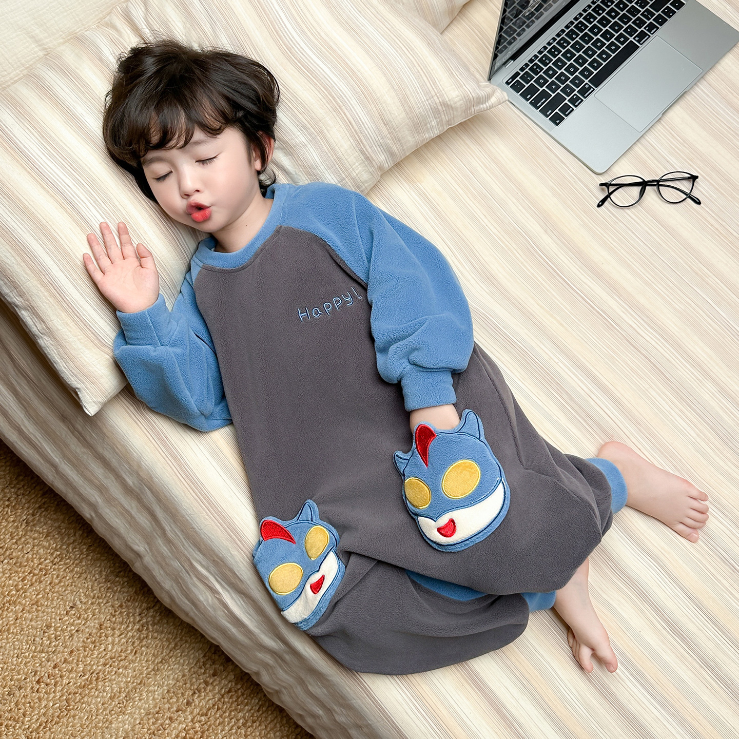 男童奥粒绒连体睡衣男孩防踢保暖家居服保暖睡袋儿童宝宝加厚爬服