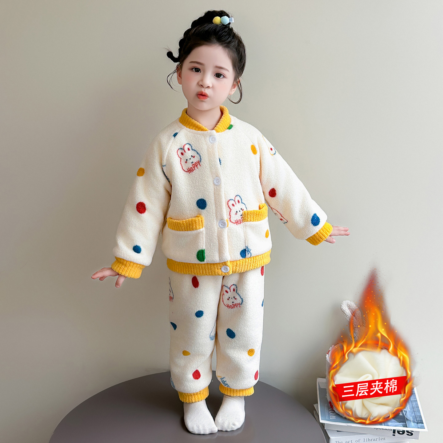 女童睡衣冬季保暖珊瑚绒女孩三层夹棉加厚家居服儿童宝宝超厚睡衣