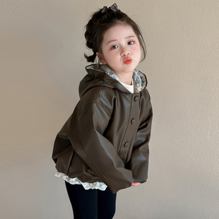 女童春装 公主时髦皮衣上衣女宝宝连帽衣服秋 超洋气皮衣小女孩韩版