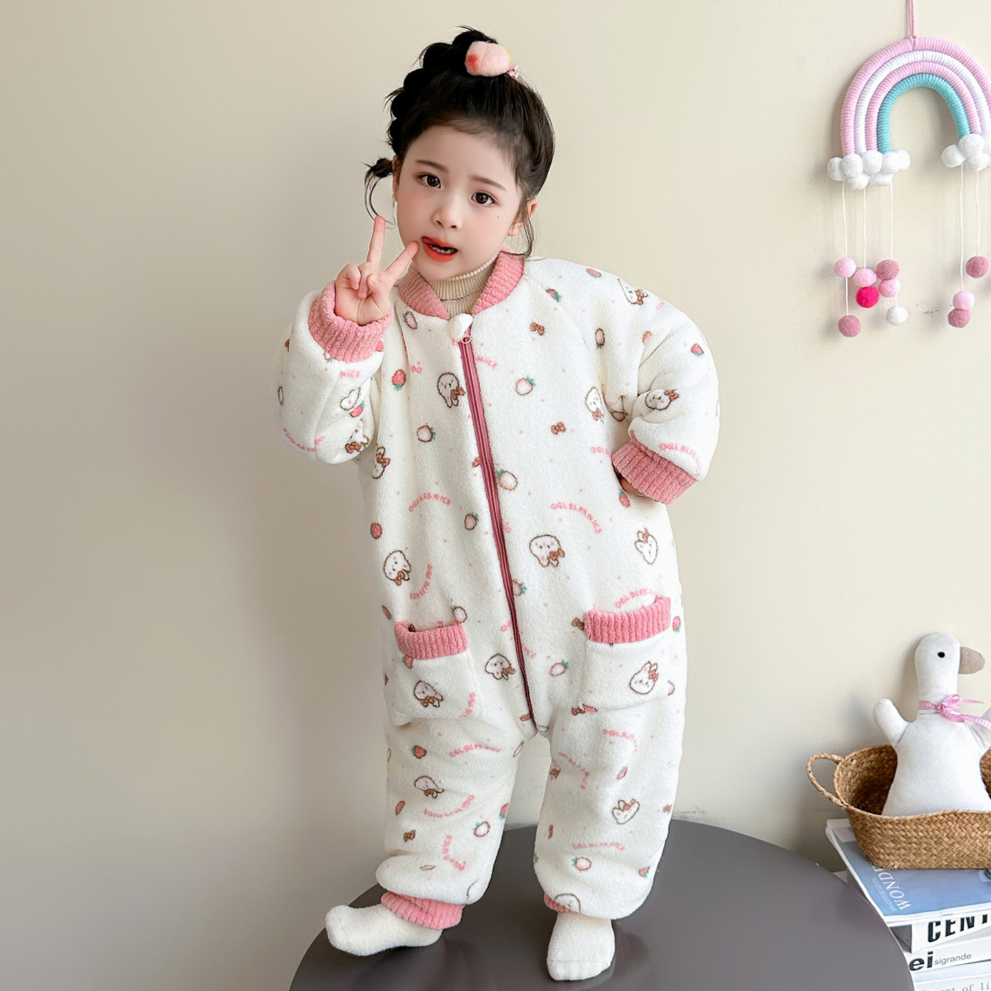 女宝宝连体睡衣冬季加厚女孩宝宝防踢被保暖睡袋儿童双层爬爬服冬