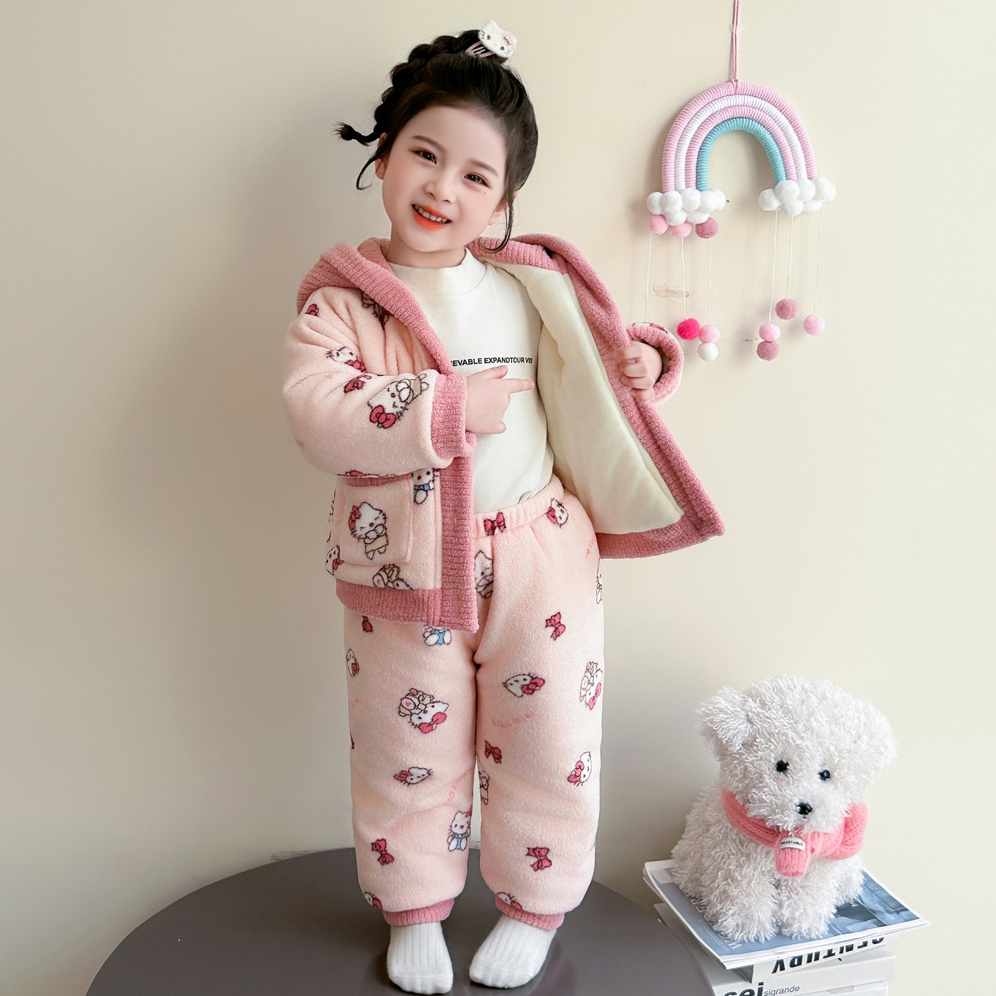 女童加厚睡衣冬季儿童法兰绒三层夹棉保暖家居服宝宝超厚连帽衣服