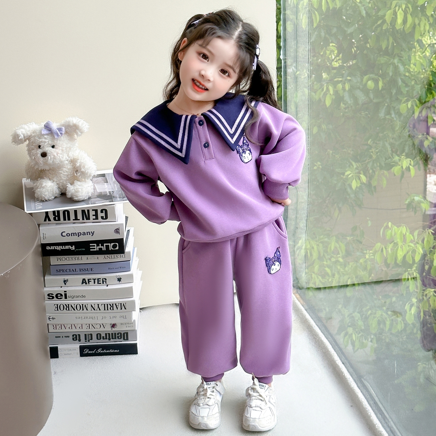 女童秋装洋气套装女孩中小童海军领卡通卫衣两件宝宝韩版衣服秋季