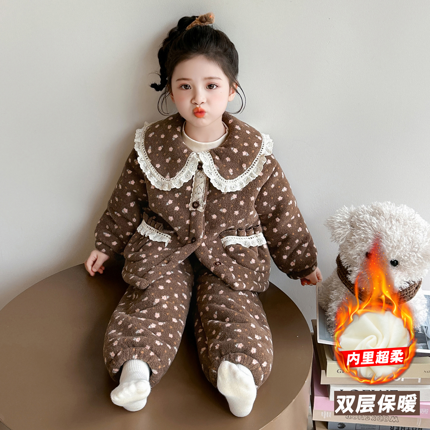 女童三层夹棉睡衣冬季女孩法兰绒娃娃领公主家居服女宝宝保暖套装