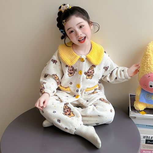 女童加厚睡衣冬季保暖奥粒绒女孩开衫娃娃领家居服女宝宝睡衣秋冬