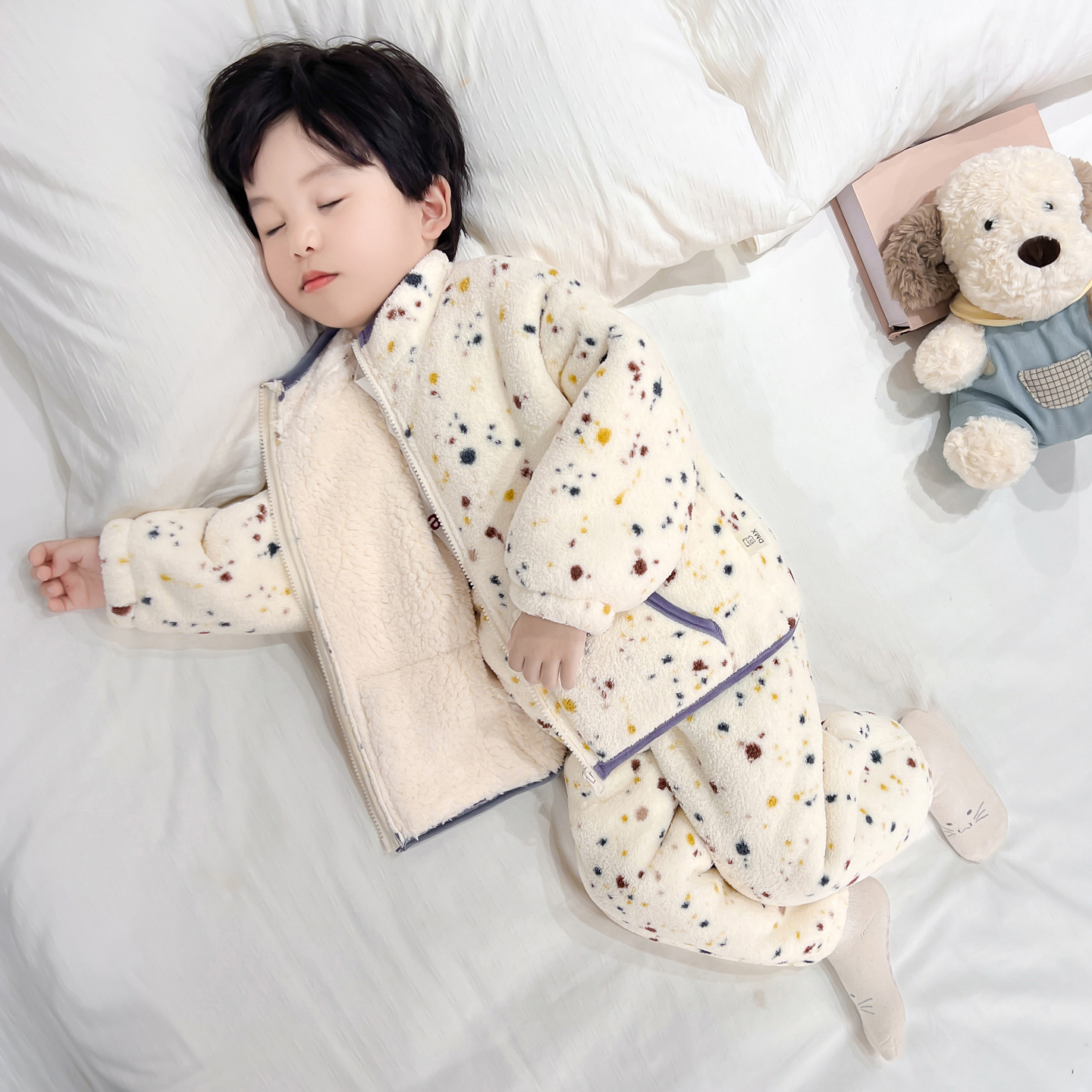 男童加厚睡衣冬季儿童男孩加绒保暖家居服套装宝宝法兰绒彩点衣服