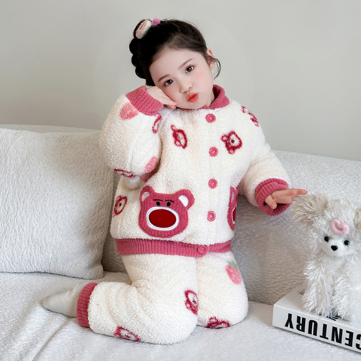 女童三层夹棉睡衣冬儿童加厚珊瑚绒套装女孩宝宝草莓熊保暖家居服