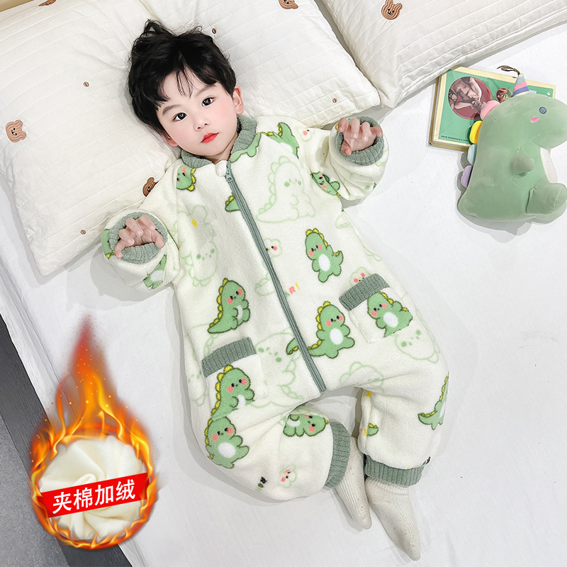 男宝宝连体睡衣冬加厚法兰绒男孩恐龙保暖睡袋防踢被儿童双层爬服