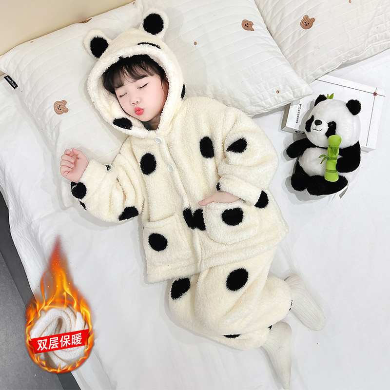 儿童加厚睡衣秋冬女童连帽保暖家居服双层套装女孩宝宝珊瑚绒睡衣