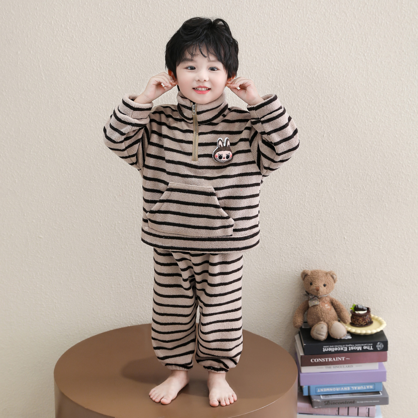 男童睡衣冬季杨梅绒2025新款儿童卡通条纹家居服男孩宝宝睡衣套装