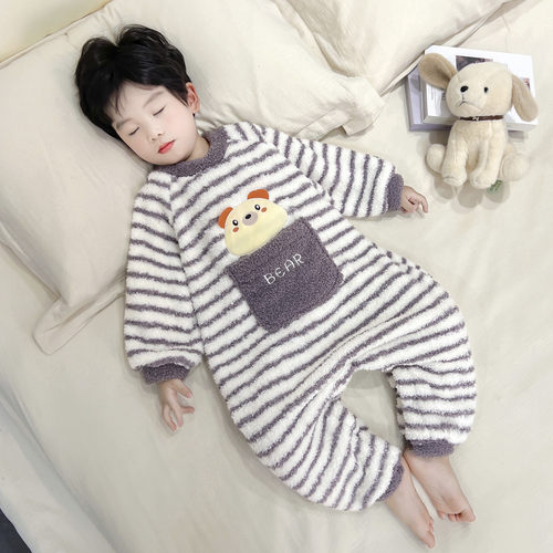 男童连体睡衣冬季半边绒儿童防踢被保暖家居服宝宝卡通睡袋爬爬服