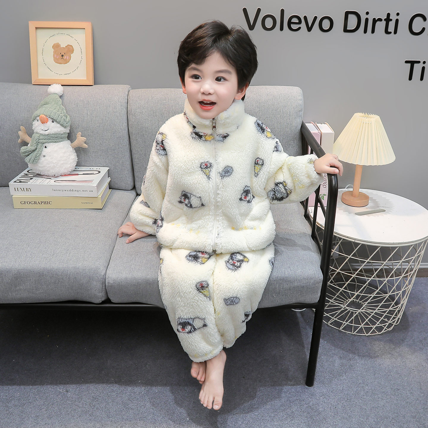 男童睡衣冬季加厚珊瑚绒男孩保暖开衫立领家居服儿童宝宝卡通套装