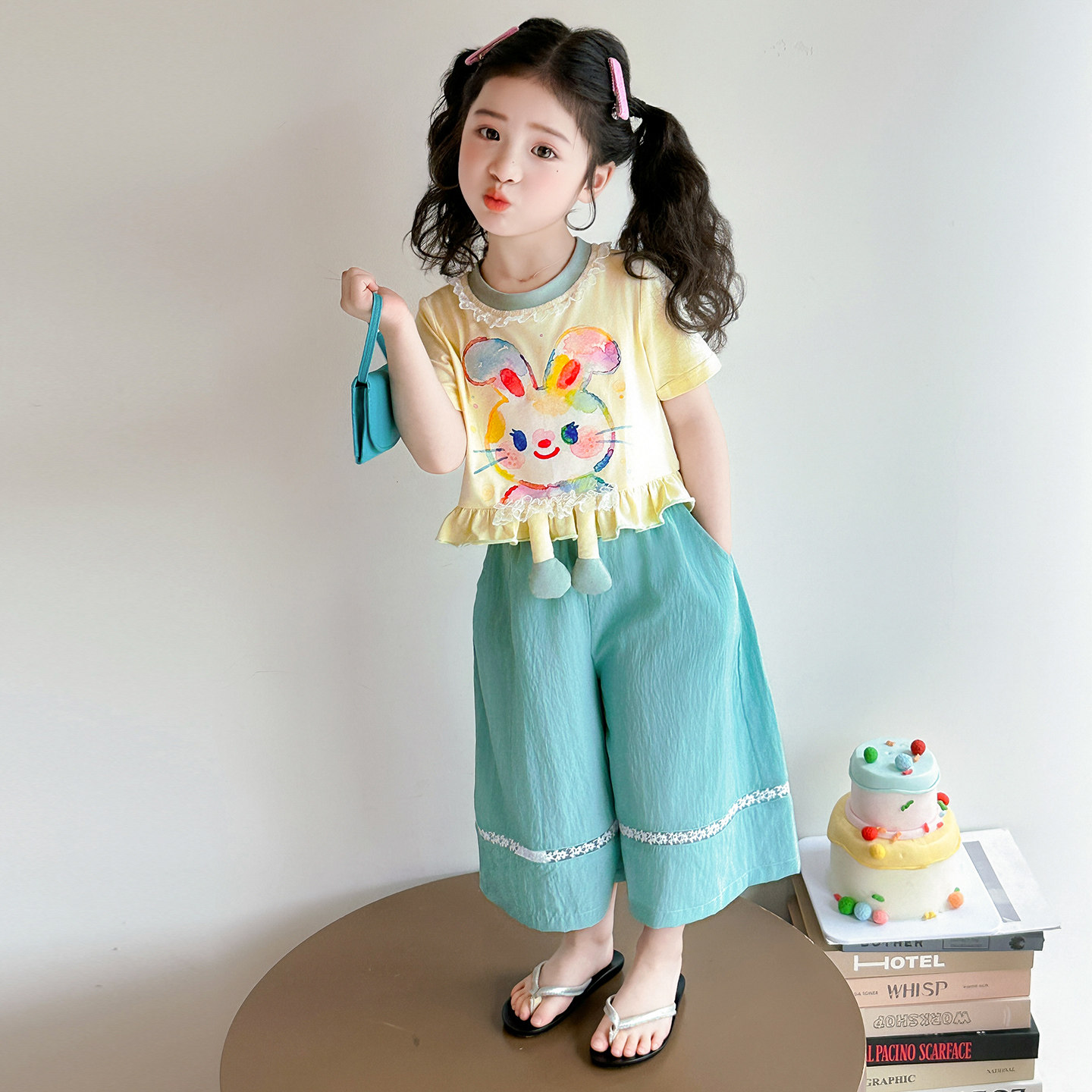 女童夏装超洋气套装女孩卡通短袖阔腿裤公主两件女宝宝巨好看衣服