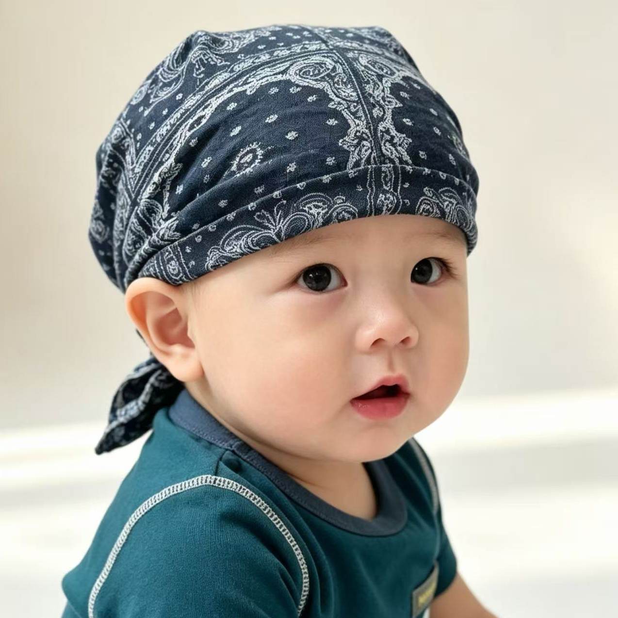 潮冕阁复古印花头巾帽婴