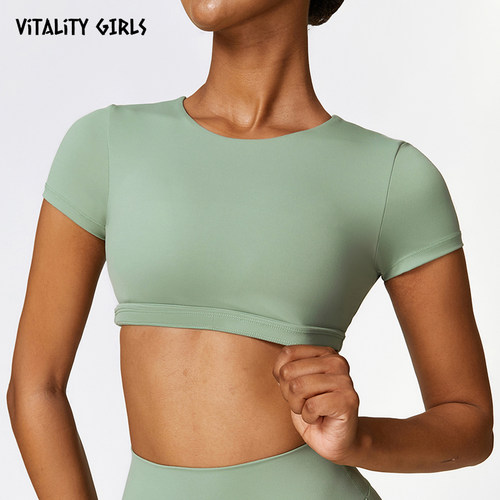 Vitality Girl高强度运动短袖带胸垫修身速干健身服T恤女显瘦露腰