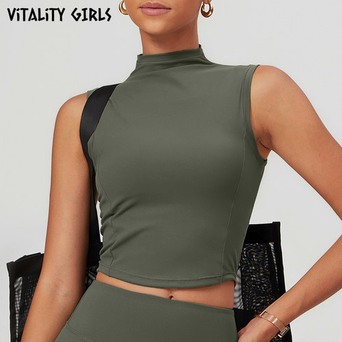 Vitality Girls瑜伽健身服背心女带胸垫运动上衣高领露脐修身显瘦