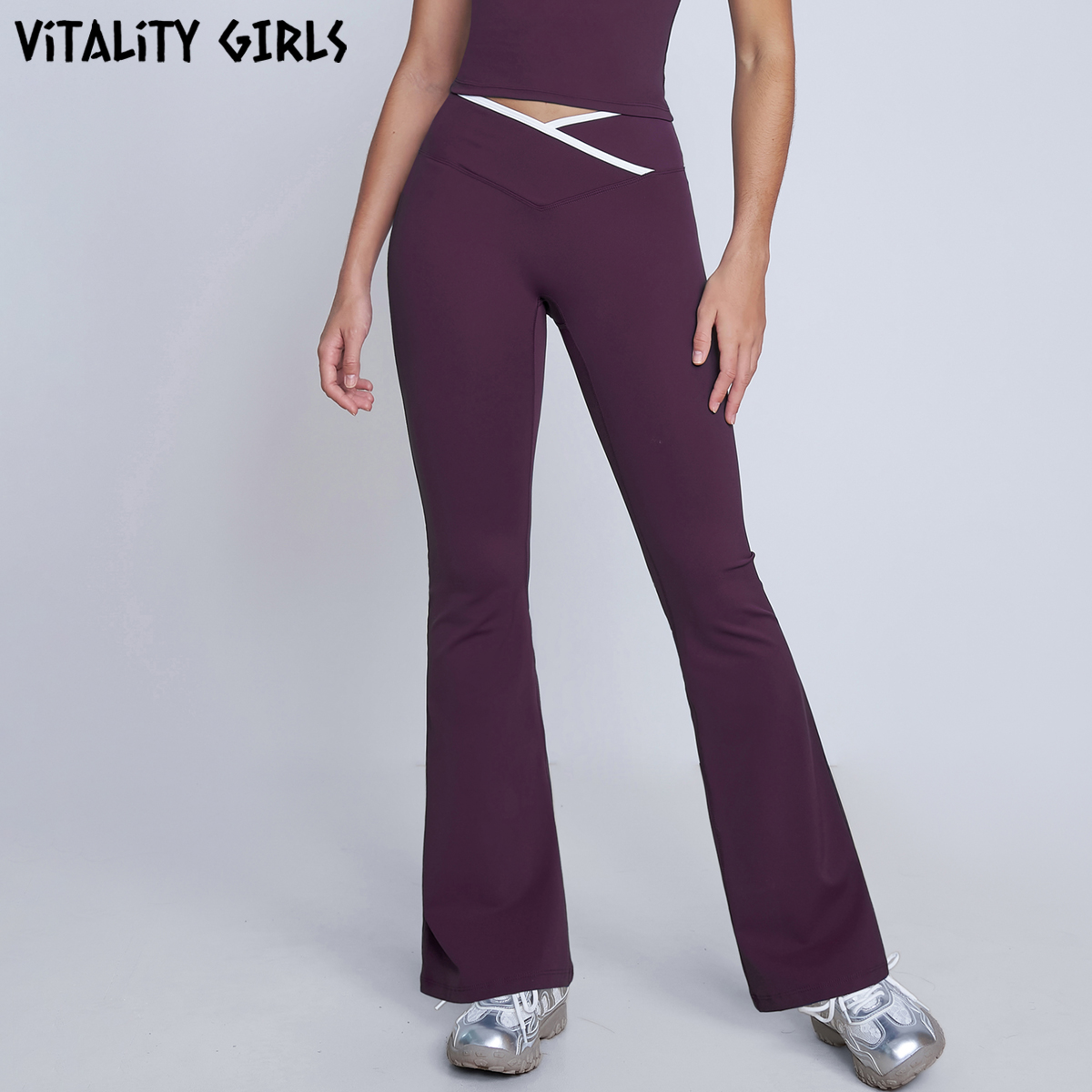 Vitality Girls撞色瑜伽长裤V腰微喇裤弹力修身显瘦欧美健身裤女